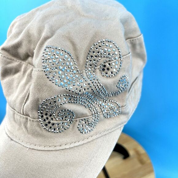 Womens Beige Military Style Cadet Cap w Rhinestone Fleur de Lis - Picture 2 of 7